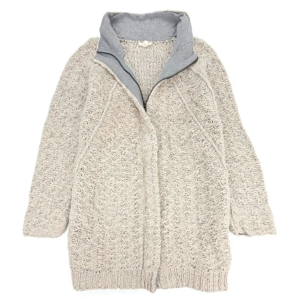 EILEEN FISHER Organic Cotton High Collar 2-Way Zip Jacket Maple Oat Knit Luxury